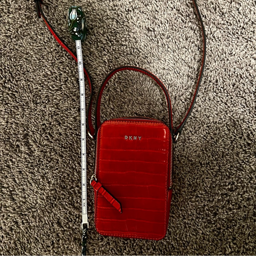 DKNY Vibrant Red Croc-Embossed Crossbody Bag (Faux Leather, Patent Leather)